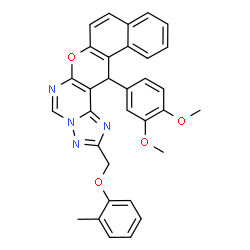 ChemSpider 2D Image | 14-(3,4-Dimethoxyphenyl)-2-[(2-methylphenoxy)methyl]-14H-benzo[5,6]chromeno[3,2-e][1,2,4]triazolo[1,5-c]pyrimidine | C32H26N4O4
