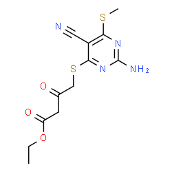 ChemSpider 2D Image | Ethyl 4-{[2-amino-5-cyano-6-(methylsulfanyl)-4-pyrimidinyl]sulfanyl}-3-oxobutanoate | C12H14N4O3S2