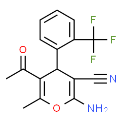 ChemSpider 2D Image | 5-Acetyl-2-amino-6-methyl-4-[2-(trifluoromethyl)phenyl]-4H-pyran-3-carbonitrile | C16H13F3N2O2