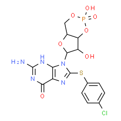 ChemSpider 2D Image | 2-Amino-8-[(4-chlorophenyl)sulfanyl]-9-(2,7-dihydroxy-2-oxidotetrahydro-4H-furo[3,2-d][1,3,2]dioxaphosphinin-6-yl)-3,9-dihydro-6H-purin-6-one | C16H15ClN5O7PS