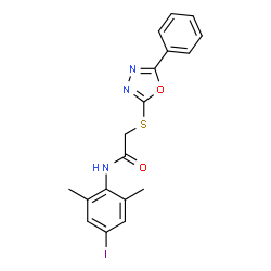 ChemSpider 2D Image | N-(4-Iodo-2,6-dimethylphenyl)-2-[(5-phenyl-1,3,4-oxadiazol-2-yl)sulfanyl]acetamide | C18H16IN3O2S
