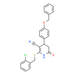 ChemSpider 2D Image | 4-[4-(Benzyloxy)phenyl]-2-[(2-chlorobenzyl)sulfanyl]-6-oxo-1,4,5,6-tetrahydro-3-pyridinecarbonitrile | C26H21ClN2O2S