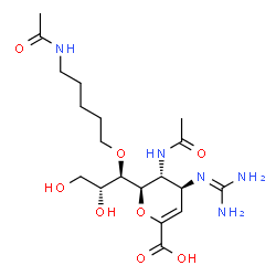 ChemSpider 2D Image | (6R)-5-Acetamido-6-{(1R,2R)-1-[(5-acetamidopentyl)oxy]-2,3-dihydroxypropyl}-2,6-anhydro-3,4,5-trideoxy-4-[(diaminomethylene)amino]-L-threo-hex-2-enonic acid | C19H33N5O8