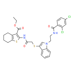 ChemSpider 2D Image | Ethyl 2-({[(1-{2-[(2,4-dichlorobenzoyl)amino]ethyl}-1H-indol-3-yl)sulfanyl]acetyl}amino)-4,5,6,7-tetrahydro-1-benzothiophene-3-carboxylate | C30H29Cl2N3O4S2