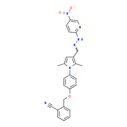 ChemSpider 2D Image | 2-{[4-(2,5-Dimethyl-3-{[(5-nitro-2-pyridinyl)hydrazono]methyl}-1H-pyrrol-1-yl)phenoxy]methyl}benzonitrile | C26H22N6O3