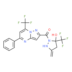 ChemSpider 2D Image | [5-Hydroxy-3-methylene-5-(trifluoromethyl)-1-pyrazolidinyl][5-phenyl-7-(trifluoromethyl)pyrazolo[1,5-a]pyrimidin-2-yl]methanone | C19H13F6N5O2