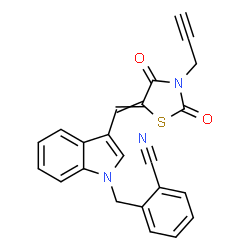 ChemSpider 2D Image | 2-[(3-{[2,4-Dioxo-3-(2-propyn-1-yl)-1,3-thiazolidin-5-ylidene]methyl}-1H-indol-1-yl)methyl]benzonitrile | C23H15N3O2S
