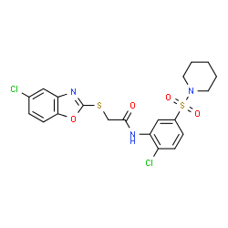 ChemSpider 2D Image | 2-[(5-Chloro-1,3-benzoxazol-2-yl)sulfanyl]-N-[2-chloro-5-(1-piperidinylsulfonyl)phenyl]acetamide | C20H19Cl2N3O4S2