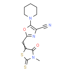 ChemSpider 2D Image | 2-[(3-Methyl-4-oxo-2-thioxo-1,3-thiazolidin-5-ylidene)methyl]-5-(1-piperidinyl)-1,3-oxazole-4-carbonitrile | C14H14N4O2S2