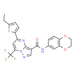ChemSpider 2D Image | N-(2,3-Dihydro-1,4-benzodioxin-6-yl)-5-(5-ethyl-2-thienyl)-7-(trifluoromethyl)pyrazolo[1,5-a]pyrimidine-3-carboxamide | C22H17F3N4O3S