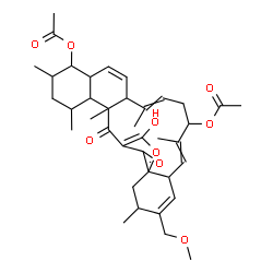 ChemSpider 2D Image | 25-Hydroxy-4-(methoxymethyl)-3,8,12,18,20,22-hexamethyl-23,27-dioxo-26-oxapentacyclo[22.2.1.0~1,6~.0~13,22~.0~16,21~]heptacosa-4,7,11,14,24-pentaene-9,17-diyl diacetate | C38H50O9