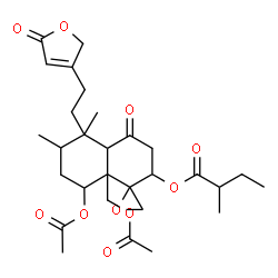 ChemSpider 2D Image | 8-Acetoxy-8a-(acetoxymethyl)-5,6-dimethyl-4-oxo-5-[2-(5-oxo-2,5-dihydro-3-furanyl)ethyl]octahydro-2H-spiro[naphthalene-1,2'-oxiran]-2-yl 2-methylbutanoate | C29H40O10