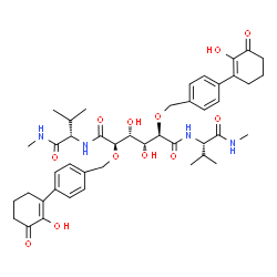 ChemSpider 2D Image | (2R,3R,4R,5R)-3,4-Dihydroxy-2,5-bis{[4-(2-hydroxy-3-oxo-1-cyclohexen-1-yl)benzyl]oxy}-N,N'-bis[(2S)-3-methyl-1-(methylamino)-1-oxo-2-butanyl]hexanediamide | C44H58N4O12