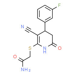 ChemSpider 2D Image | 2-{[3-Cyano-4-(3-fluorophenyl)-6-oxo-1,4,5,6-tetrahydro-2-pyridinyl]sulfanyl}acetamide | C14H12FN3O2S