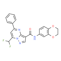 ChemSpider 2D Image | 7-(Difluoromethyl)-N-(2,3-dihydro-1,4-benzodioxin-6-yl)-5-phenylpyrazolo[1,5-a]pyrimidine-3-carboxamide | C22H16F2N4O3