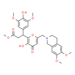 ChemSpider 2D Image | Methyl 3-{6-[(6,7-dimethoxy-3,4-dihydro-2(1H)-isoquinolinyl)methyl]-3-hydroxy-4-oxo-4H-pyran-2-yl}-3-(4-hydroxy-3,5-dimethoxyphenyl)propanoate | C29H33NO10