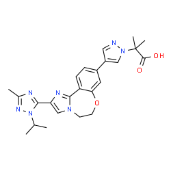 ChemSpider 2D Image | 2-{4-[2-(1-Isopropyl-3-methyl-1H-1,2,4-triazol-5-yl)-5,6-dihydroimidazo[1,2-d][1,4]benzoxazepin-9-yl]-1H-pyrazol-1-yl}-2-methylpropanoic acid | C24H27N7O3