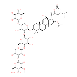 ChemSpider 2D Image | (3beta,16beta)-3-{[6-Deoxy-beta-D-glucopyranosyl-(1->4)-[3-O-methyl-beta-D-glucopyranosyl-(1->3)-beta-D-xylopyranosyl-(1->4)-6-deoxy-beta-D-glucopyranosyl-(1->2)]-beta-D-xylopyranosyl]oxy}-18-oxo-18,2
0-epoxylanost-9(11)-ene-16,22-diyl diacetate | C63H100O28