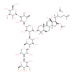 ChemSpider 2D Image | (3beta,16beta)-3-{[3-O-Methyl-beta-D-glucopyranosyl-(1->3)-6-deoxy-beta-D-glucopyranosyl-(1->4)-[3-O-methyl-beta-D-glucopyranosyl-(1->3)-beta-D-xylopyranosyl-(1->4)-6-deoxy-beta-D-glucopyranosyl-(1->2
)]-beta-D-xylopyranosyl]oxy}-18-oxo-18,20-epoxylanosta-9(11),25-diene-16,22-diyl diacetate | C70H110O33