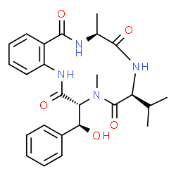 ChemSpider 2D Image | (3R,6S,9S)-3-[(S)-Hydroxy(phenyl)methyl]-6-isopropyl-4,9-dimethyl-3,4,6,7,9,10-hexahydro-1H-1,4,7,10-benzotetraazacyclotridecine-2,5,8,11-tetrone | C25H30N4O5