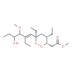 ChemSpider 2D Image | Methyl {(3S,4S,6R)-4,6-diethyl-6-[(1E)-2-ethyl-4-hydroxy-3-methoxy-1-hexen-1-yl]-1,2-dioxan-3-yl}acetate | C20H36O6