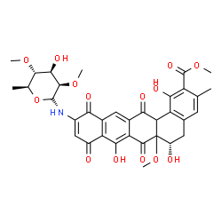 ChemSpider 2D Image | 6-Deoxy-2,4-di-O-methyl-N-[(6S)-1,6,8-trihydroxy-6a-methoxy-2-(methoxycarbonyl)-3-methyl-7,9,12,14-tetraoxo-5,6,6a,7,9,12,14,14a-octahydrobenzo[a]tetracen-11-yl]-beta-L-mannopyranosylamine | C34H35NO14
