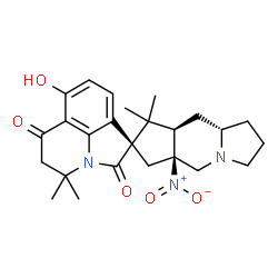 ChemSpider 2D Image | (5aS,7S,8aR,9aS)-7'-Hydroxy-4',4',8,8-tetramethyl-5a-nitro-2,3,4',5',5a,6,8,8a,9,9a-decahydro-1H,5H,6'H-spiro[cyclopenta[f]indolizine-7,1'-pyrrolo[3,2,1-ij]quinoline]-2',6'-dione | C25H31N3O5
