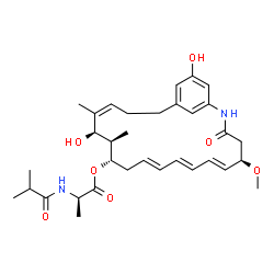 ChemSpider 2D Image | (5R,6E,8E,10E,13S,14R,15R,16Z)-15,22-Dihydroxy-5-methoxy-14,16-dimethyl-3-oxo-2-azabicyclo[18.3.1]tetracosa-1(24),6,8,10,16,20,22-heptaen-13-yl N-isobutyryl-D-alaninate | C33H46N2O7