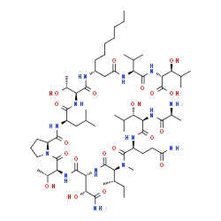 ChemSpider 2D Image | (3R,6S,9R,13S,16R)-1-[(2S)-1-{(2S,5R,8S,11S,14R,17S)-17-Amino-5-[(1R)-2-amino-1-hydroxy-2-oxoethyl]-11-(3-amino-3-oxopropyl)-8-[(2S)-2-butanyl]-2-[(1R)-1-hydroxyethyl]-14-[(1S)-1-hydroxy-2-methylpropy
l]-9-methyl-4,7,10,13,16-pentaoxo-3,6,9,12,15-pentaazaoctadecan-1-oyl}-2-pyrrolidinyl]-9-heptyl-6-[(1R)-1-hydroxyethyl]-16-[(1S)-1-hydroxy-2-methylpropyl]-3-isobutyl-13-isopropyl-1,4,7,11,14-pentaoxo-
2,5,8,12,15-pentaazaheptadecan-17-oic acid (non-preferred name) | C65H116N14O20