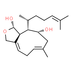 ChemSpider 2D Image | (1S,3aE,6E,9R,10S,10aS)-7-Methyl-10-[(2R)-6-methyl-5-hepten-2-yl]-3,5,8,9,10,10a-hexahydro-1H-cyclonona[c]furan-1,9-diol | C20H32O3