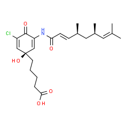 ChemSpider 2D Image | 5-[(1R)-3-Chloro-1-hydroxy-4-oxo-5-{[(2E,4S,6R)-4,6,8-trimethyl-2,7-nonadienoyl]amino}-2,5-cyclohexadien-1-yl]pentanoic acid | C23H32ClNO5
