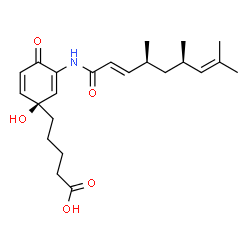 ChemSpider 2D Image | 5-[(1S)-1-Hydroxy-4-oxo-3-{[(2E,4S,6R)-4,6,8-trimethyl-2,7-nonadienoyl]amino}-2,5-cyclohexadien-1-yl]pentanoic acid | C23H33NO5