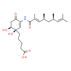 ChemSpider 2D Image | 5-[(1R,6S)-1,6-Dihydroxy-4-oxo-3-{[(2E,4S,6R)-2,4,6,8-tetramethyl-2,7-nonadienoyl]amino}-2-cyclohexen-1-yl]pentanoic acid | C24H37NO6