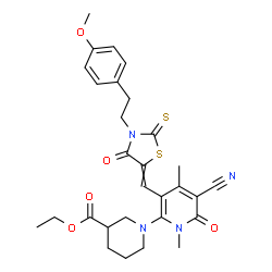 ChemSpider 2D Image | Ethyl 1-[5-cyano-3-({3-[2-(4-methoxyphenyl)ethyl]-4-oxo-2-thioxo-1,3-thiazolidin-5-ylidene}methyl)-1,4-dimethyl-6-oxo-1,6-dihydro-2-pyridinyl]-3-piperidinecarboxylate | C29H32N4O5S2