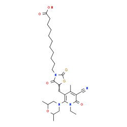 ChemSpider 2D Image | 11-(5-{[5-Cyano-2-(2,6-dimethyl-4-morpholinyl)-1-ethyl-4-methyl-6-oxo-1,6-dihydro-3-pyridinyl]methylene}-4-oxo-2-thioxo-1,3-thiazolidin-3-yl)undecanoic acid | C30H42N4O5S2
