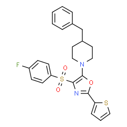 ChemSpider 2D Image | 4-Benzyl-1-{4-[(4-fluorophenyl)sulfonyl]-2-(2-thienyl)-1,3-oxazol-5-yl}piperidine | C25H23FN2O3S2