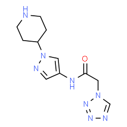 ChemSpider 2D Image | N-[1-(4-Piperidinyl)-1H-pyrazol-4-yl]-2-(1H-tetrazol-1-yl)acetamide | C11H16N8O