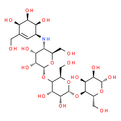 ChemSpider 2D Image | (2R,3R,4S,5S,6R)-5-[(2R,3R,4S,6R)-5-[(2R,3R,4R,5S,6S)-3,4-dihydroxy-6-(hydroxymethyl)-5-[[(1S,4R,5R,6S)-4,5,6-trihydroxy-3-(hydroxymethyl)-1-cyclohex-2-enyl]amino]tetrahydropyran-2-yl]oxy-3,4-dihydroxy-6-(hydroxymethyl)tetrahydropyran-2-yl]oxy-6-(hydroxymethyl)tetrahydropyran-2,3,4-triol | C25H43NO19