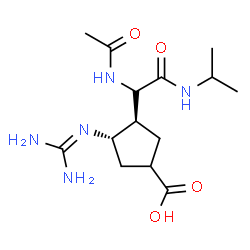 ChemSpider 2D Image | (3R,4S)-3-[(1R)-1-Acetamido-2-(isopropylamino)-2-oxoethyl]-4-[(diaminomethylene)amino]cyclopentanecarboxylic acid | C14H25N5O4