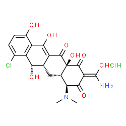 ChemSpider 2D Image | (2Z,4S,4aS,5aS,6S,12aS)-2-[Amino(hydroxy)methylene]-7-chloro-4-(dimethylamino)-6,10,11,12a-tetrahydroxy-4a,5a,6,12a-tetrahydro-1,3,12(2H,4H,5H)-tetracenetrione hydrochloride (1:1) | C21H22Cl2N2O8