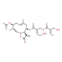ChemSpider 2D Image | (3aR,4R,6E,9S,10Z,11aR)-9-Acetoxy-6,10-dimethyl-3-methylene-2-oxo-2,3,3a,4,5,8,9,11a-octahydrocyclodeca[b]furan-4-yl (2E)-4-hydroxy-2-({[(2E)-2-(hydroxymethyl)-2-butenoyl]oxy}methyl)-2-butenoate | C27H34O10