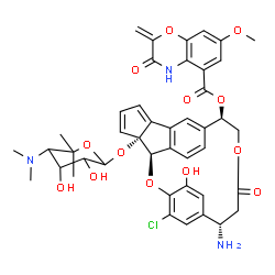 ChemSpider 2D Image | (3R,4R,14R,19S)-19-Amino-22-chloro-4-{[5-(dimethylamino)-3,4-dihydroxy-6,6-dimethyltetrahydro-2H-pyran-2-yl]oxy}-23-hydroxy-17-oxo-2,16-dioxapentacyclo[18.2.2.1~9,13~.0~3,10~.0~4,8~]pentacosa-1(22),5,
7,9(25),10,12,20,23-octaen-14-yl 7-methoxy-2-methylene-3-oxo-3,4-dihydro-2H-1,4-benzoxazine-5-carboxylate | C43H44ClN3O13
