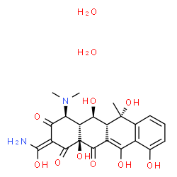 ChemSpider 2D Image | (2Z,4S,4aR,5S,5aR,6S,12aS)-2-[Amino(hydroxy)methylene]-4-(dimethylamino)-5,6,10,11,12a-pentahydroxy-6-methyl-4a,5a,6,12a-tetrahydro-1,3,12(2H,4H,5H)-tetracenetrione dihydrate | C22H28N2O11