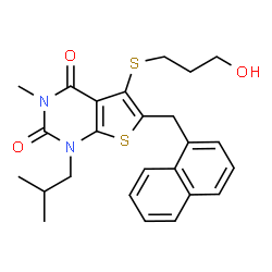 ChemSpider 2D Image | 5-[(3-Hydroxypropyl)sulfanyl]-1-isobutyl-3-methyl-6-(1-naphthylmethyl)thieno[2,3-d]pyrimidine-2,4(1H,3H)-dione | C25H28N2O3S2