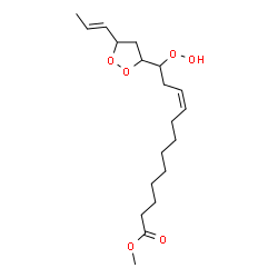 ChemSpider 2D Image | Methyl (9Z)-12-hydroperoxy-12-{5-[(1E)-1-propen-1-yl]-1,2-dioxolan-3-yl}-9-dodecenoate | C19H32O6