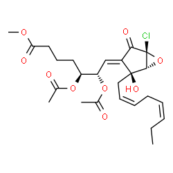ChemSpider 2D Image | Methyl (5S,6S,7E,10alpha,11beta,14Z,17Z)-5,6-diacetoxy-10-chloro-12-hydroxy-9-oxo-10,11-epoxyprosta-7,14,17-trien-1-oate | C25H33ClO9