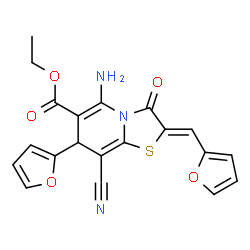 ChemSpider 2D Image | Ethyl (2Z)-5-amino-8-cyano-7-(2-furyl)-2-(2-furylmethylene)-3-oxo-2,3-dihydro-7H-[1,3]thiazolo[3,2-a]pyridine-6-carboxylate | C20H15N3O5S