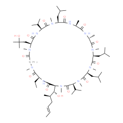 ChemSpider 2D Image | (3S,6S,9S,12R,15S,18S,21S,24S,30S,33S)-30-Ethyl-33-[(1R,2R,4E)-1-hydroxy-2-methyl-4-hexen-1-yl]-24-(2-hydroxy-2-methylpropyl)-6,9,18-triisobutyl-3,21-diisopropyl-1,4,7,10,12,15,19,25,28-nonamethyl-1,4
,7,10,13,16,19,22,25,28,31-undecaazacyclotritriacontane-2,5,8,11,14,17,20,23,26,29,32-undecone | C62H111N11O13