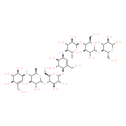 ChemSpider 2D Image | 4,6-Dideoxy-4-{[(1S,4R,5R,6S)-4-{[4-O-(4,6-dideoxy-4-{[(1S,4R,5S,6S)-4,5,6-trihydroxy-3-(hydroxymethyl)-2-cyclohexen-1-yl]amino}-alpha-D-glucopyranosyl)-alpha-D-glucopyranosyl]oxy}-5,6-dihydroxy-3-(hy
droxymethyl)-2-cyclohexen-1-yl]amino}-alpha-D-glucopyranosyl-(1->4)-alpha-D-glucopyranosyl-(1->4)-beta-D-glucopyranose | C44H74N2O30