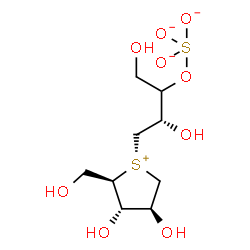 ChemSpider 2D Image | [({(3S)-4-[(2R,3S,4S)-3,4-Dihydroxy-2-(hydroxymethyl)tetrahydro-1-thiopheniumyl]-1,3-dihydroxy-2-butanyl}oxy)-lambda~4~-sulfanetriyl]trioxidanide | C9H18O9S2